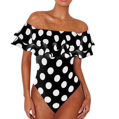 Polka Dot Ruffled Off-Shoulder One-Piece Swimwear Beachwear