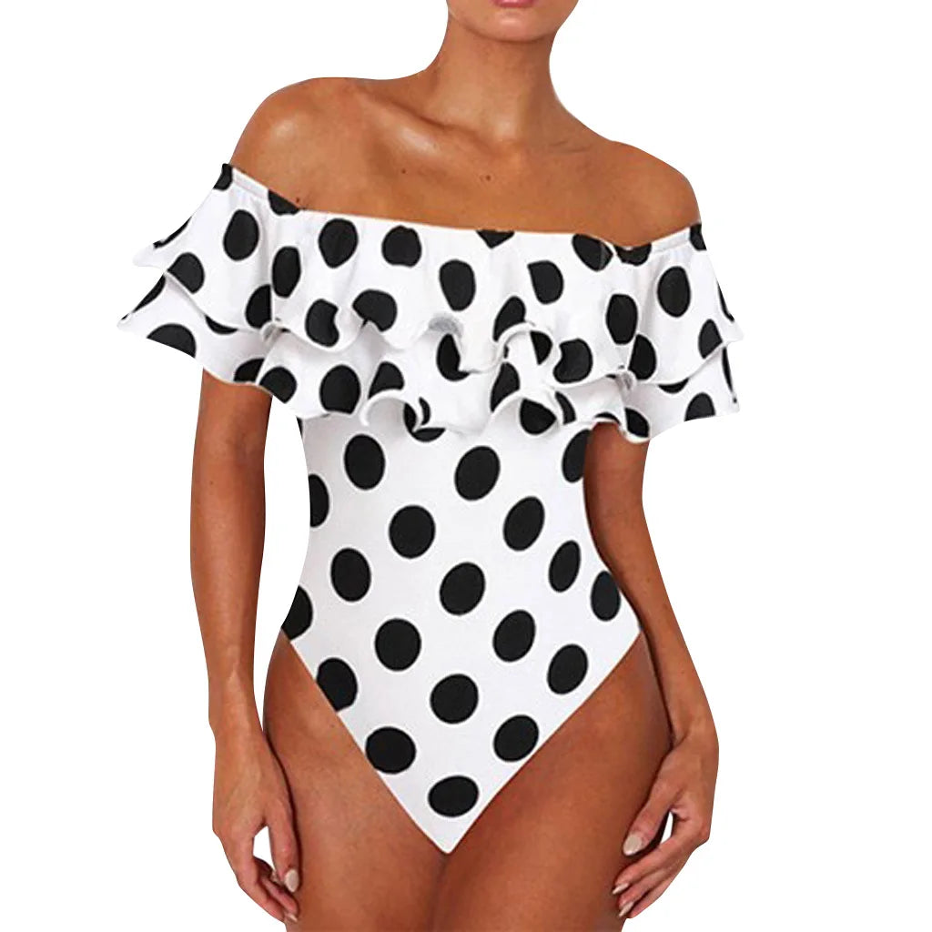 Polka Dot Ruffled Off-Shoulder One-Piece Swimwear Beachwear