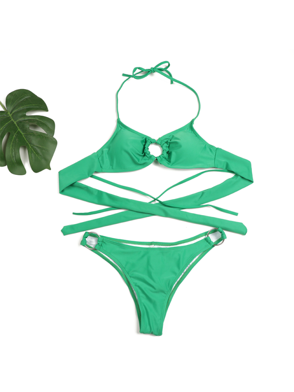 Swimwear- Poolside 2 Piece Ruched String Swimwear & Bra with Linked Rings- - IndioGear.com