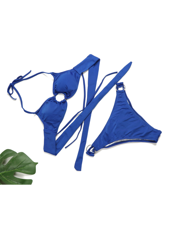 Swimwear- Poolside 2 Piece Ruched String Swimwear & Bra with Linked Rings- - IndioGear.com