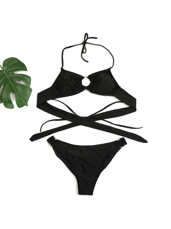 Swimwear- Poolside 2 Piece Ruched String Swimwear & Bra with Linked Rings- - IndioGear.com