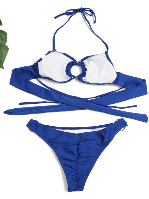 Swimwear- Poolside 2 Piece Ruched String Swimwear & Bra with Linked Rings- - IndioGear.com