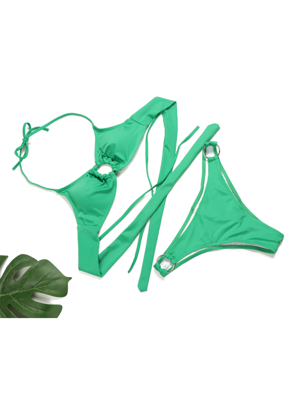 Swimwear- Poolside 2 Piece Ruched String Swimwear & Bra with Linked Rings- - IndioGear.com