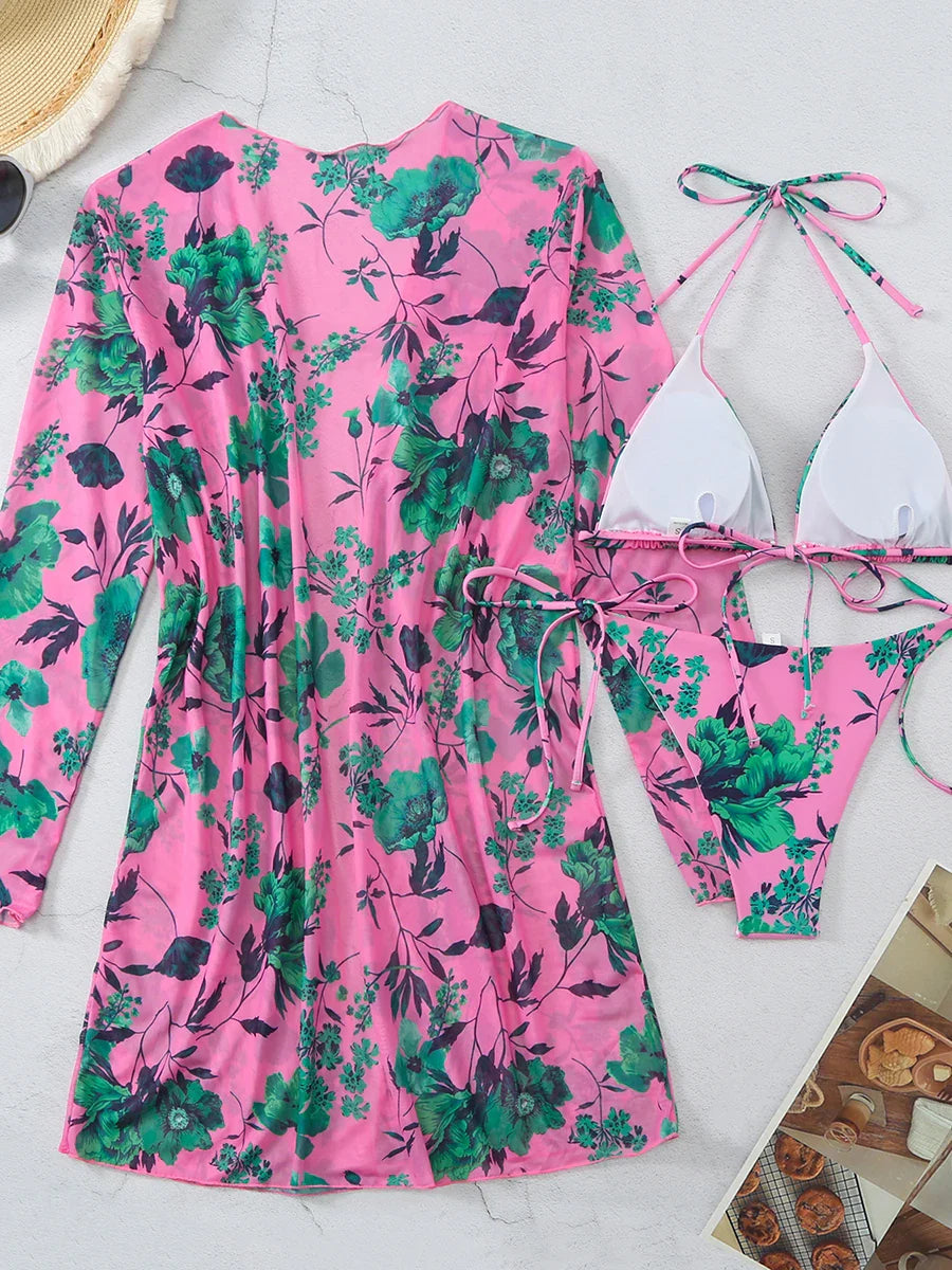 Romantic Floral Elegant 3-Piece Swimwear for Sun-Kissed Days