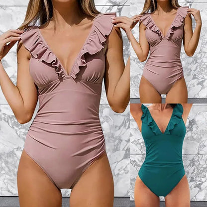 Swimwear- Ruffle V-Neck One-Piece Swimsuit for Beach Days- - IndioGear.com