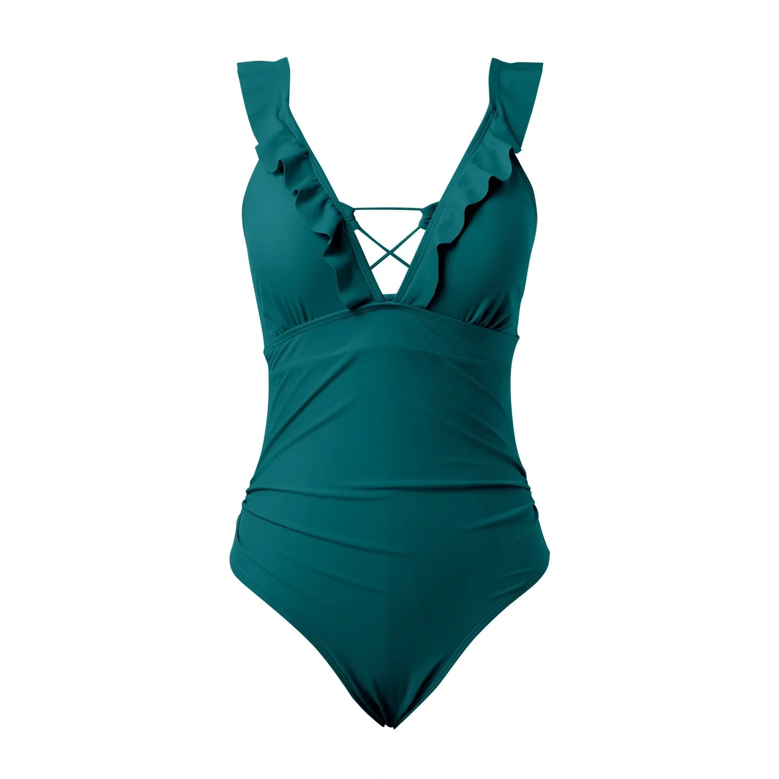 Swimwear- Ruffle V-Neck One-Piece Swimsuit for Beach Days- - IndioGear.com