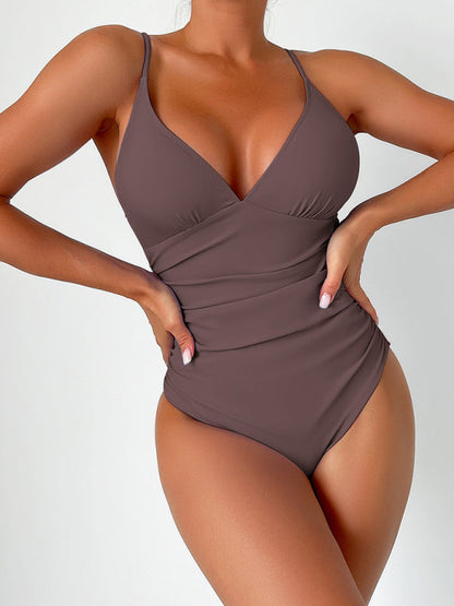 Swimwear- Sculpted Silhouette Tummy Control Solid Ruched One-Piece Swimwear- Coffee- IndioGear Fashion and Gear