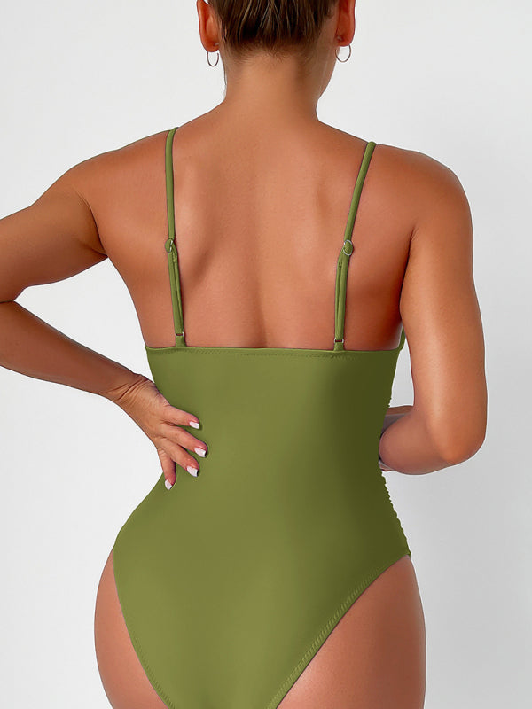 Swimwear- Sculpted Silhouette Tummy Control Solid Ruched One-Piece Swimwear- - IndioGear Fashion and Gear