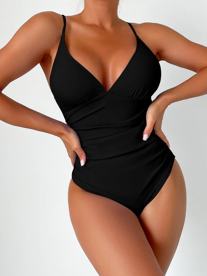 Swimwear- Sculpted Silhouette Tummy Control Solid Ruched One-Piece Swimwear- Black- IndioGear Fashion and Gear