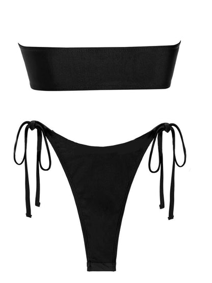 Swimwear- Shiny 2 Piece String Ring Swimwear - Bandeau Tube Bra & Tie-Side Bikini- - IndioGear Fashion and Gear