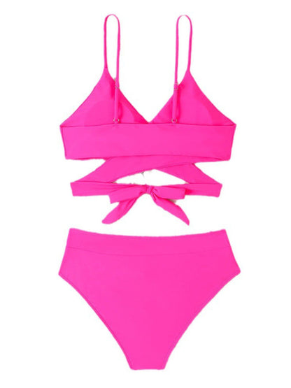 Swimwear- Solid 2 Piece Swimsuit - Wireless Crossover Bra & High-Waist Bikini- - IndioGear Fashion and Gear