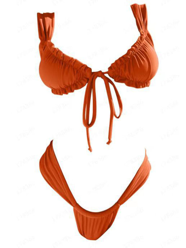 Swimwear- Solid Frill 2-Piece Swimsuit Set - Triangle Bra & Micro Bikini- - IndioGear Fashion and Gear