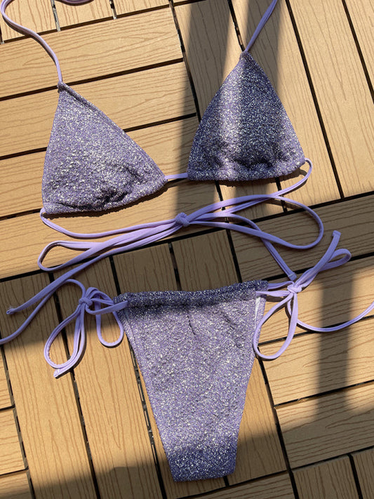 Swimwear- Sparkle 2-Piece String Swimsuit - Triangle Bra & Tie-Side Bikini- Purple- IndioGear Fashion and Gear