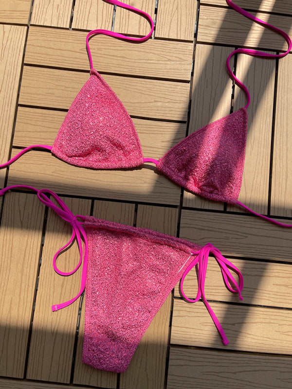 Swimwear- Sparkle 2-Piece String Swimsuit - Triangle Bra & Tie-Side Bikini- Rose- IndioGear Fashion and Gear