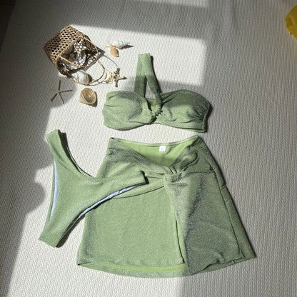 Swimwear- Sparkle 3 Piece Swimwear Set with Skirt Cover-Up- Green- IndioGear.com