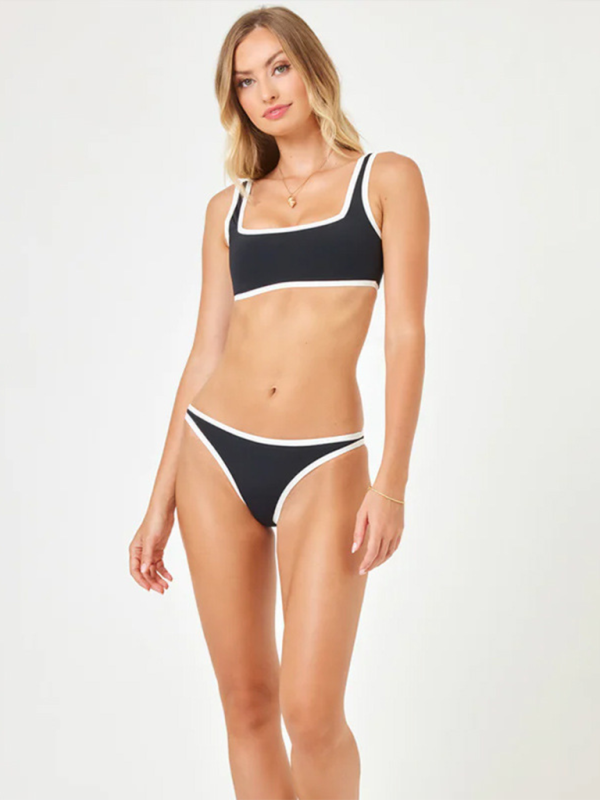 Swimwear- Sporty Bra & Low-Waist Bikini Set in Contrast Binding- - IndioGear.com