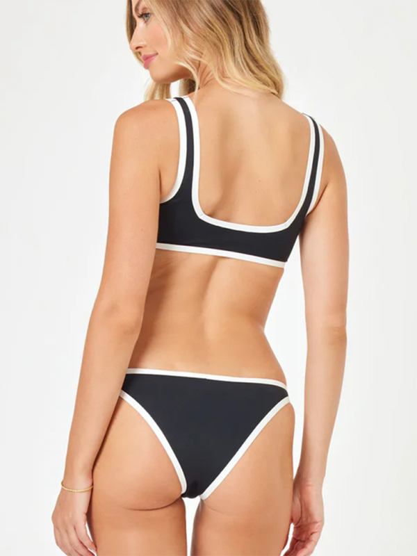 Swimwear- Sporty Bra & Low-Waist Bikini Set in Contrast Binding- - IndioGear.com