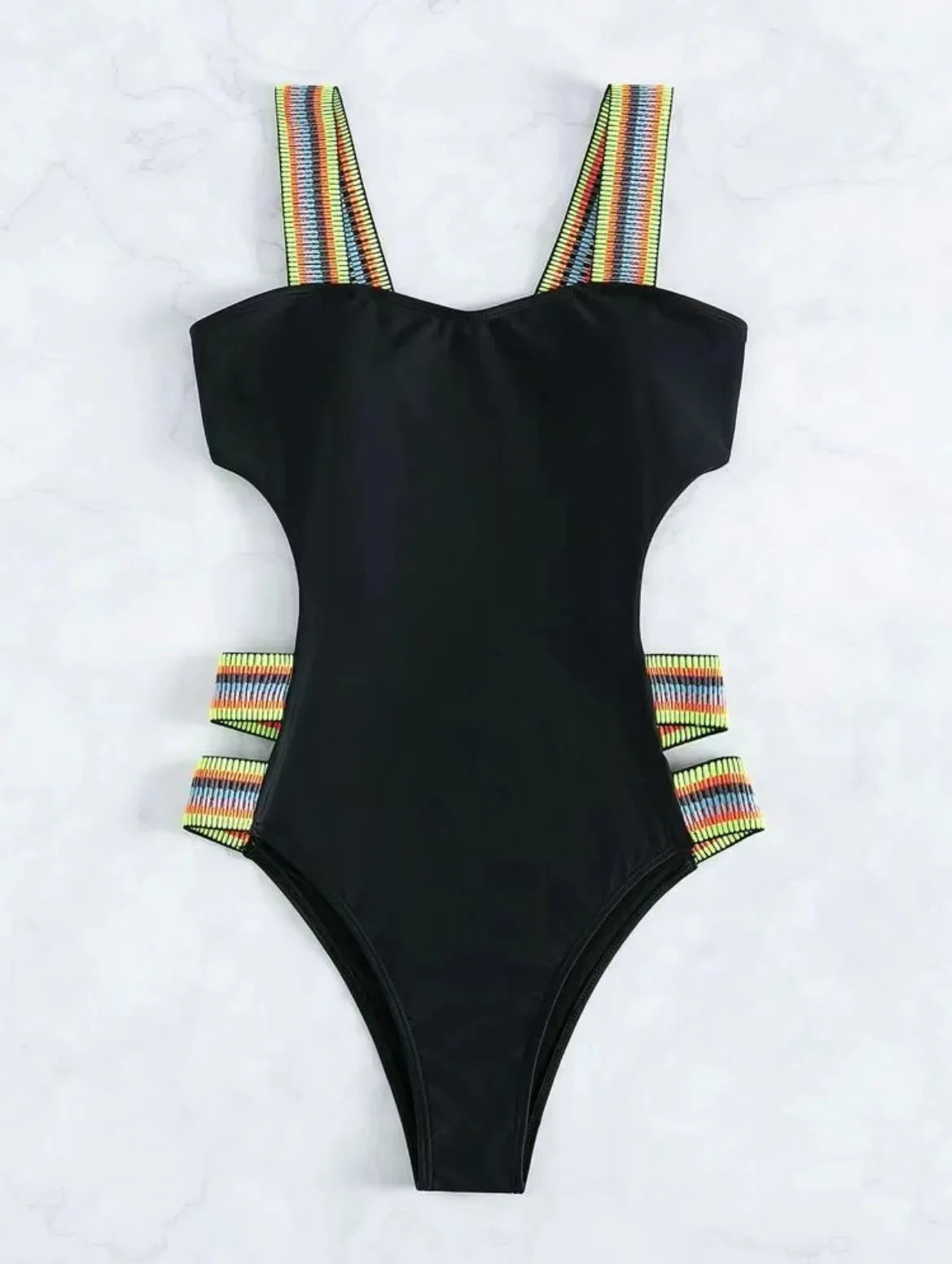 Swimwear- Strappy Solid Cutout One Piece Swimsuit with Colorful Straps for Women- - IndioGear Fashion and Gear