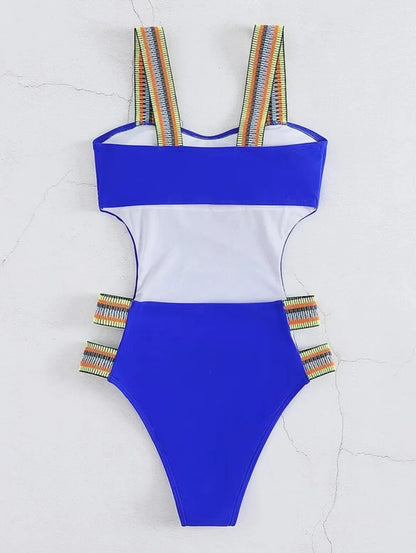 Swimwear- Strappy Solid Cutout One Piece Swimsuit with Colorful Straps for Women- - IndioGear Fashion and Gear