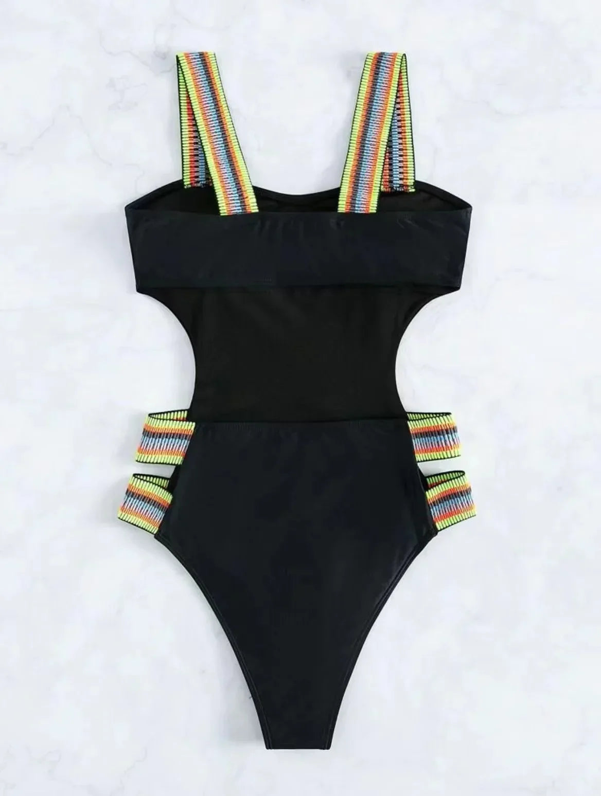 Swimwear- Strappy Solid Cutout One Piece Swimsuit with Colorful Straps for Women- - IndioGear Fashion and Gear