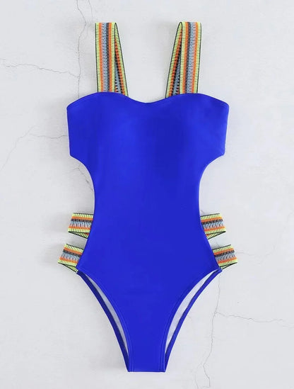 Swimwear- Strappy Solid Cutout One Piece Swimsuit with Colorful Straps for Women- - IndioGear Fashion and Gear