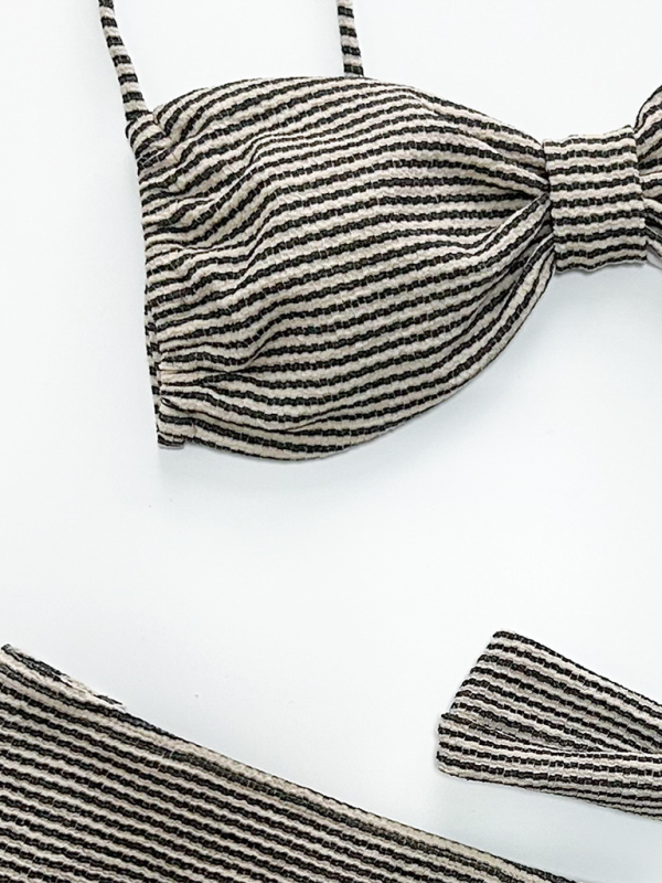 Swimwear- Stripe Micro Bikini with Skirt Cover-Up Three-Piece Swimwear- - IndioGear.com