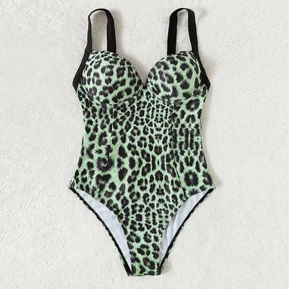 Swimwear- Summer Leopard Print Underwire Push-Up One-Piece Swimwear- - IndioGear Fashion and Gear