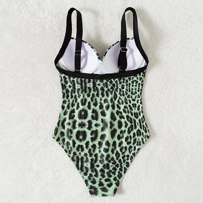 Swimwear- Summer Leopard Print Underwire Push-Up One-Piece Swimwear- - IndioGear Fashion and Gear