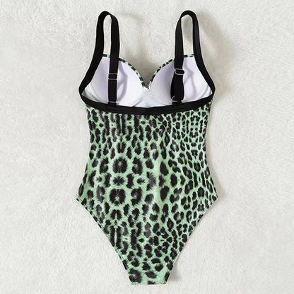 Swimwear- Summer Leopard Print Underwire Push-Up One-Piece Swimwear- - IndioGear Fashion and Gear