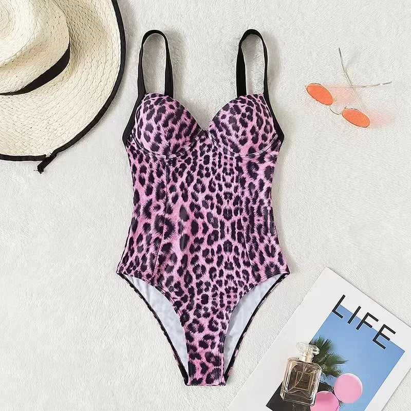 Swimwear- Summer Leopard Print Underwire Push-Up One-Piece Swimwear- - IndioGear Fashion and Gear