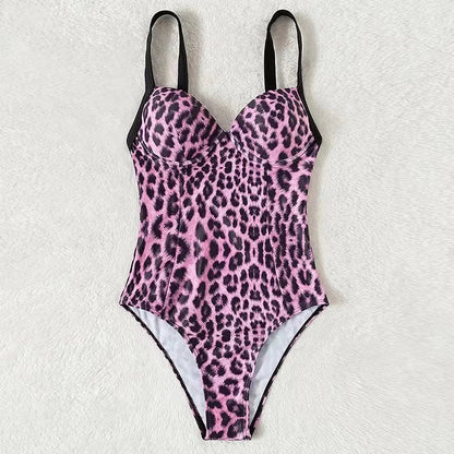 Swimwear- Summer Leopard Print Underwire Push-Up One-Piece Swimwear- - IndioGear Fashion and Gear