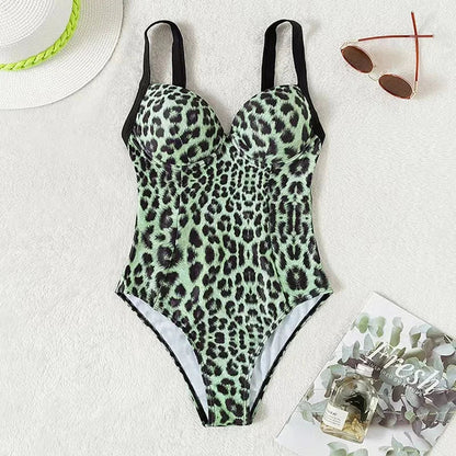 Swimwear- Summer Leopard Print Underwire Push-Up One-Piece Swimwear- - IndioGear Fashion and Gear