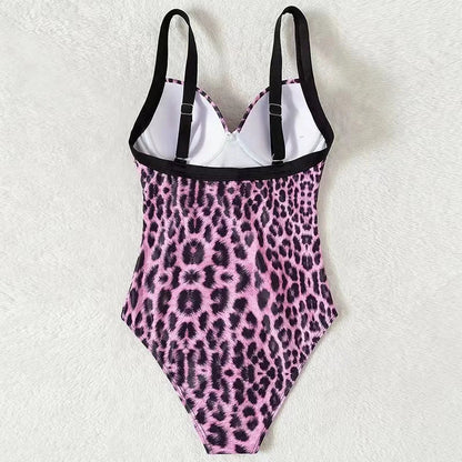 Swimwear- Summer Leopard Print Underwire Push-Up One-Piece Swimwear- - IndioGear Fashion and Gear