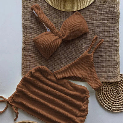 Swimwear- Sunny Days Swim 3-Piece Set Textured One-Shoulder Bra & Bikini with Mini Skirt- Coffee- IndioGear Fashion and Gear