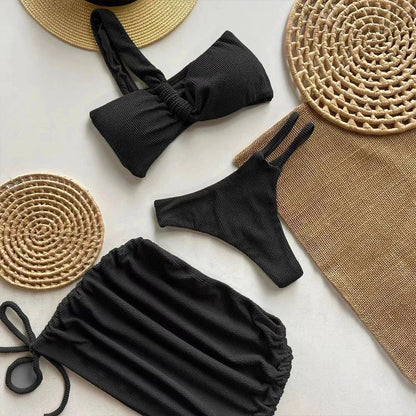 Swimwear- Sunny Days Swim 3-Piece Set Textured One-Shoulder Bra & Bikini with Mini Skirt- Black- IndioGear Fashion and Gear