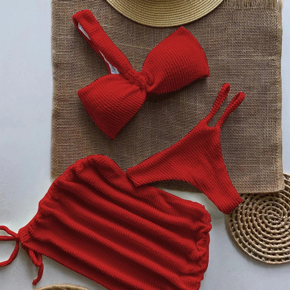 Swimwear- Sunny Days Swim 3-Piece Set Textured One-Shoulder Bra & Bikini with Mini Skirt- Red- IndioGear Fashion and Gear