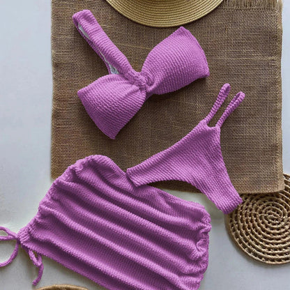 Swimwear- Sunny Days Swim 3-Piece Set Textured One-Shoulder Bra & Bikini with Mini Skirt- Purple- IndioGear Fashion and Gear