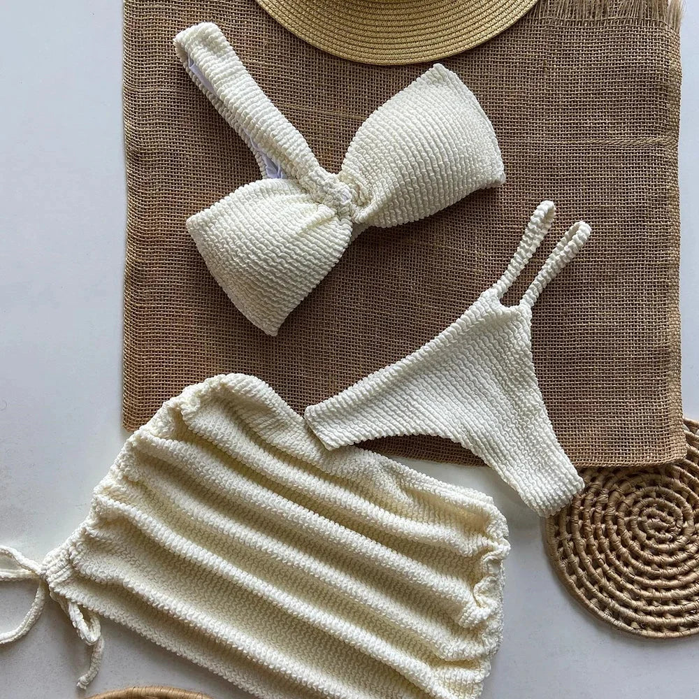 Swimwear- Sunny Days Swim 3-Piece Set Textured One-Shoulder Bra & Bikini with Mini Skirt- Beige- IndioGear Fashion and Gear