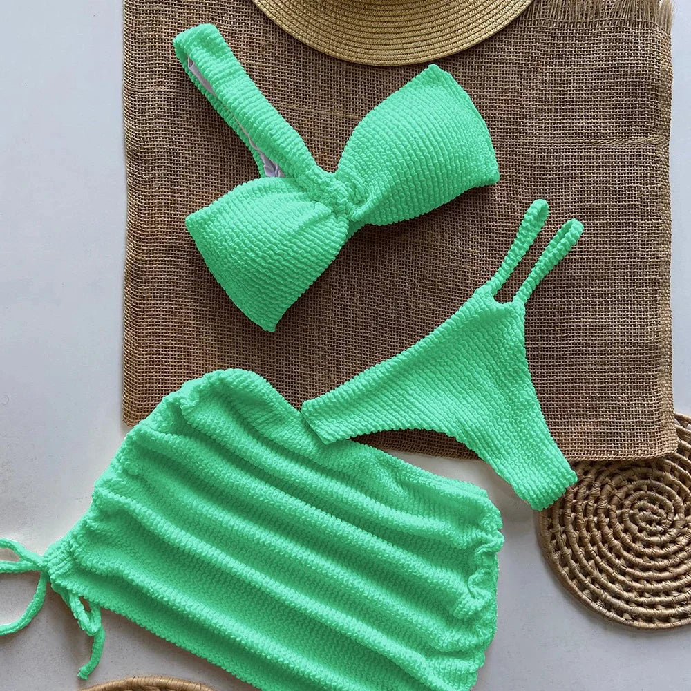 Swimwear- Sunny Days Swim 3-Piece Set Textured One-Shoulder Bra & Bikini with Mini Skirt- Green- IndioGear Fashion and Gear