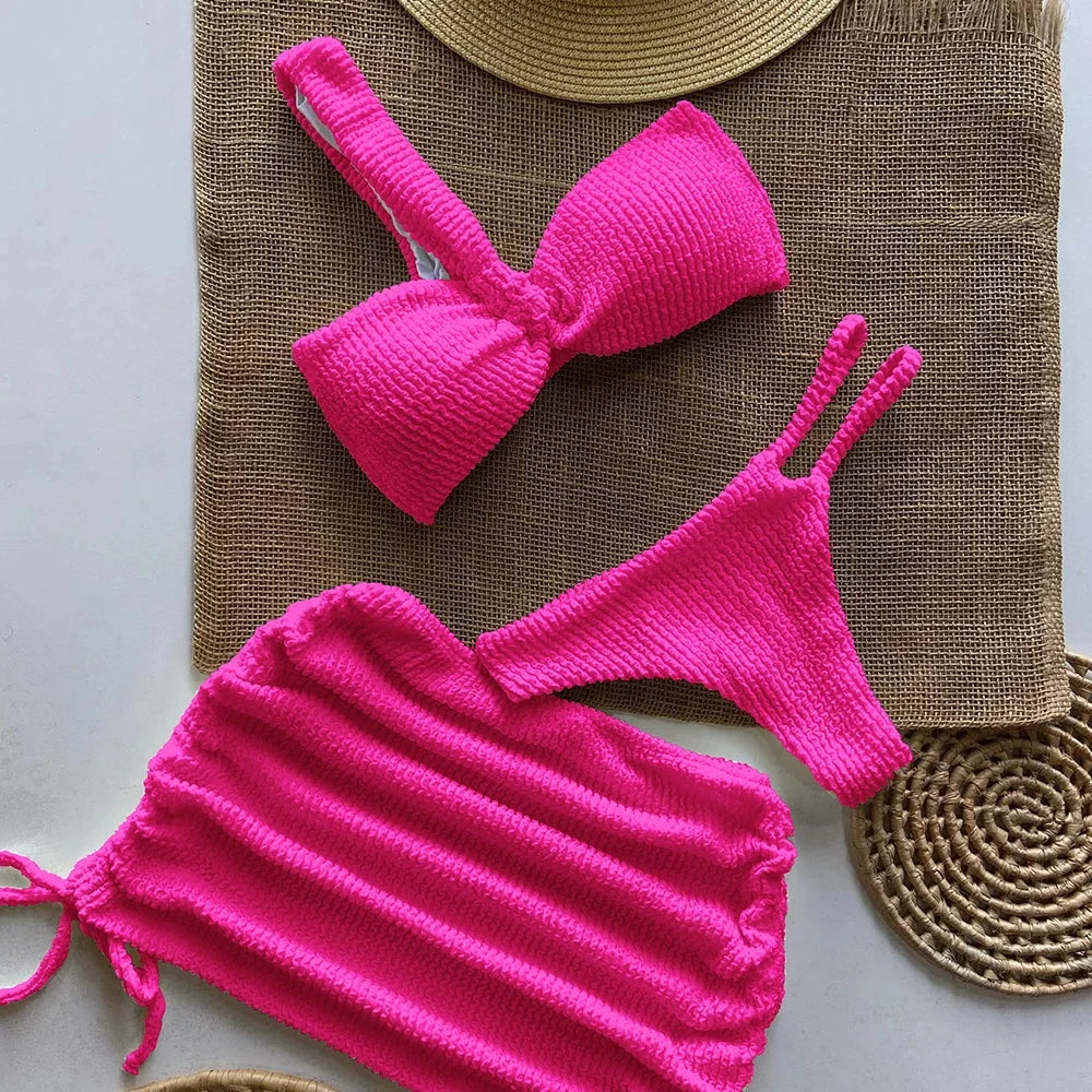 Swimwear- Sunny Days Swim 3-Piece Set Textured One-Shoulder Bra & Bikini with Mini Skirt- Pink- IndioGear Fashion and Gear