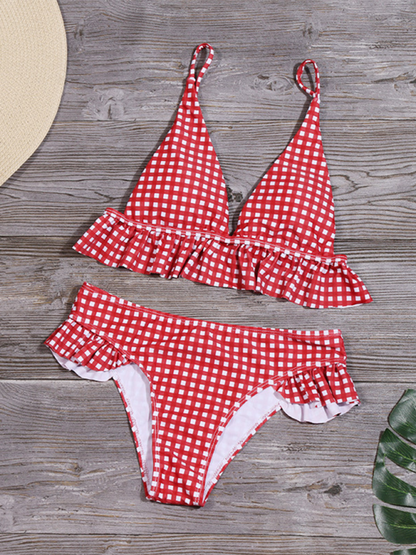 Swimwear- Tartan Ruffle Bra & Bikini for Sun-Kissed Getaway- Red- IndioGear.com