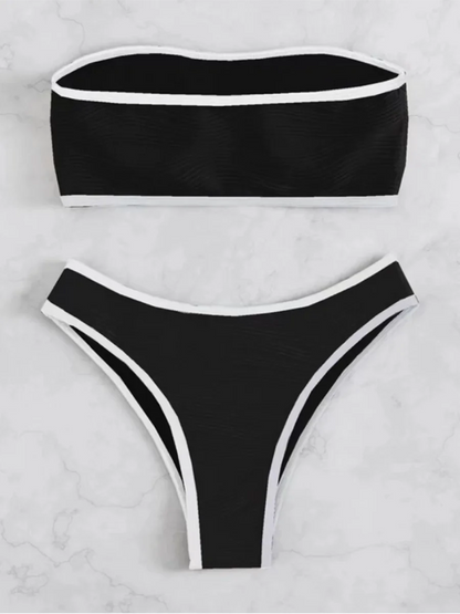 Soutien-gorge bandeau et bikini à reliure contrastée texturée 2 pièces