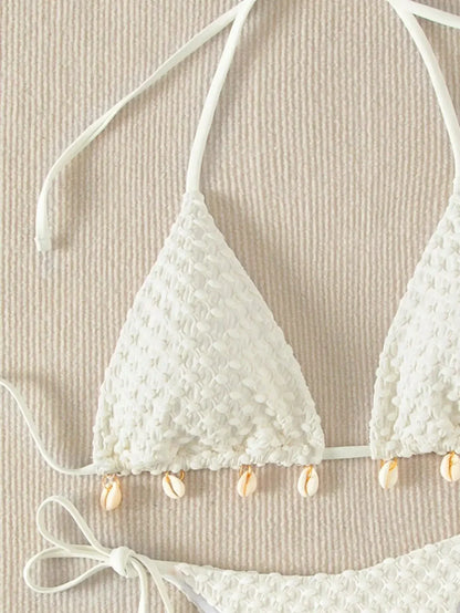 Textured Triangle Bikini with Padded Bra in Shell Details