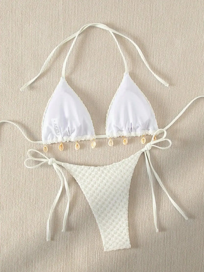 Textured Triangle Bikini with Padded Bra in Shell Details