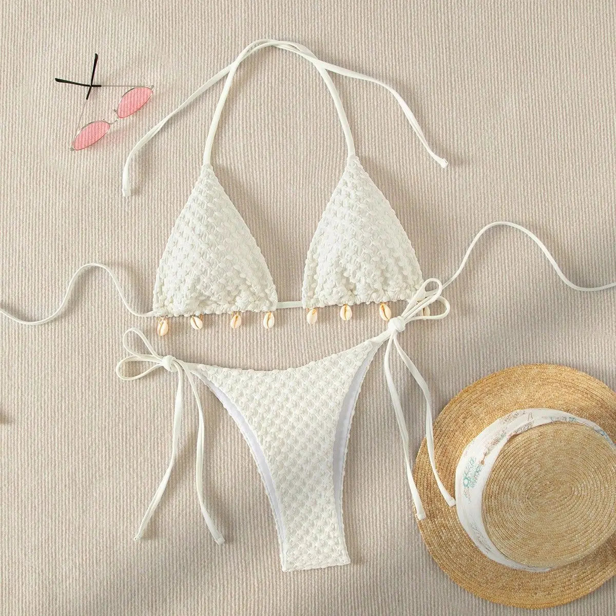 Textured Triangle Bikini with Padded Bra in Shell Details