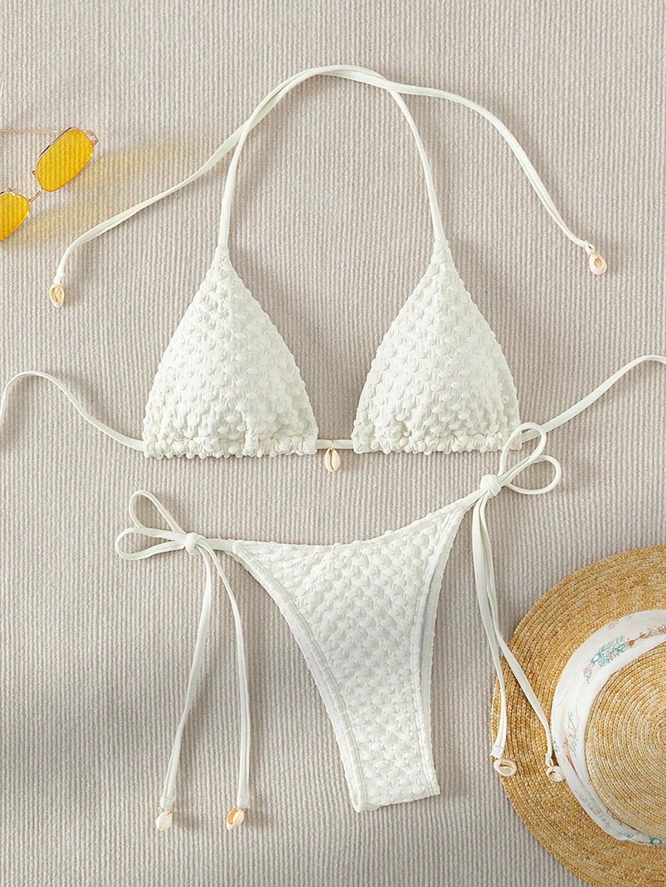 Textured Triangle Bikini with Padded Bra in Shell Details