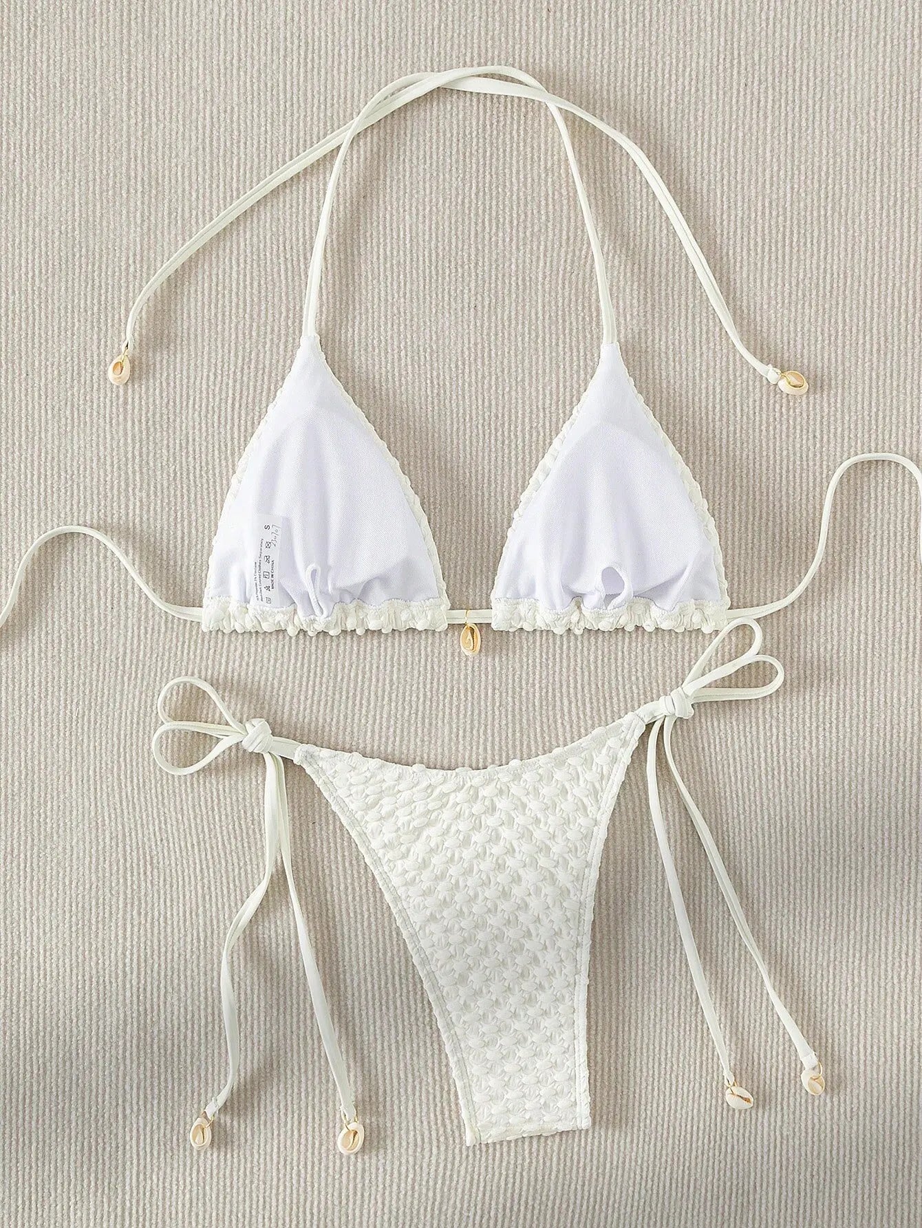 Textured Triangle Bikini with Padded Bra in Shell Details