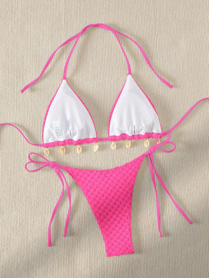 Textured Triangle Bikini with Padded Bra in Shell Details