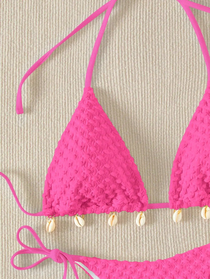 Bikini triangle texturé avec soutien-gorge rembourré avec détails coquillages