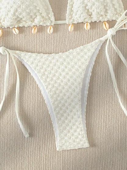 Textured Triangle Bikini with Padded Bra in Shell Details